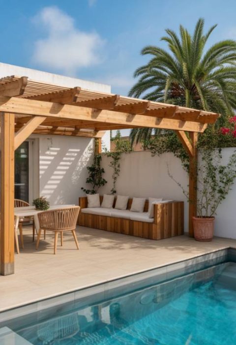Pergola bois contre mur : comment la concevoir, la fixer et l’intégrer à une terrasse avec piscine