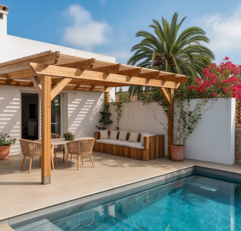Pergola bois contre mur : comment la concevoir, la fixer et l’intégrer à une terrasse avec piscine